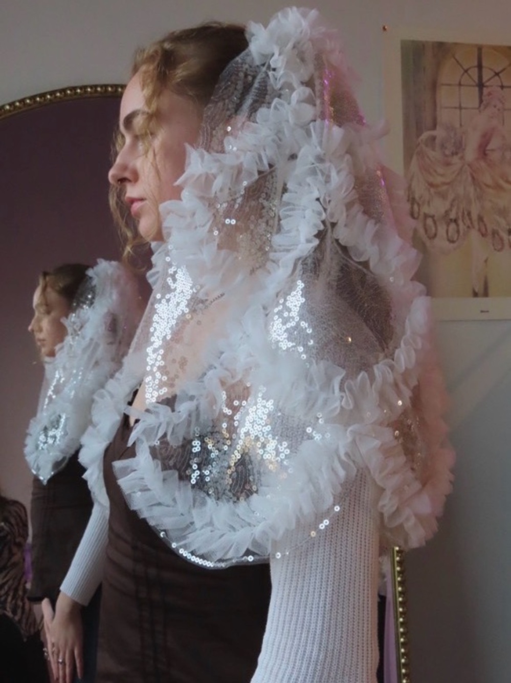 White Sequin Ruffle Bridal Veil